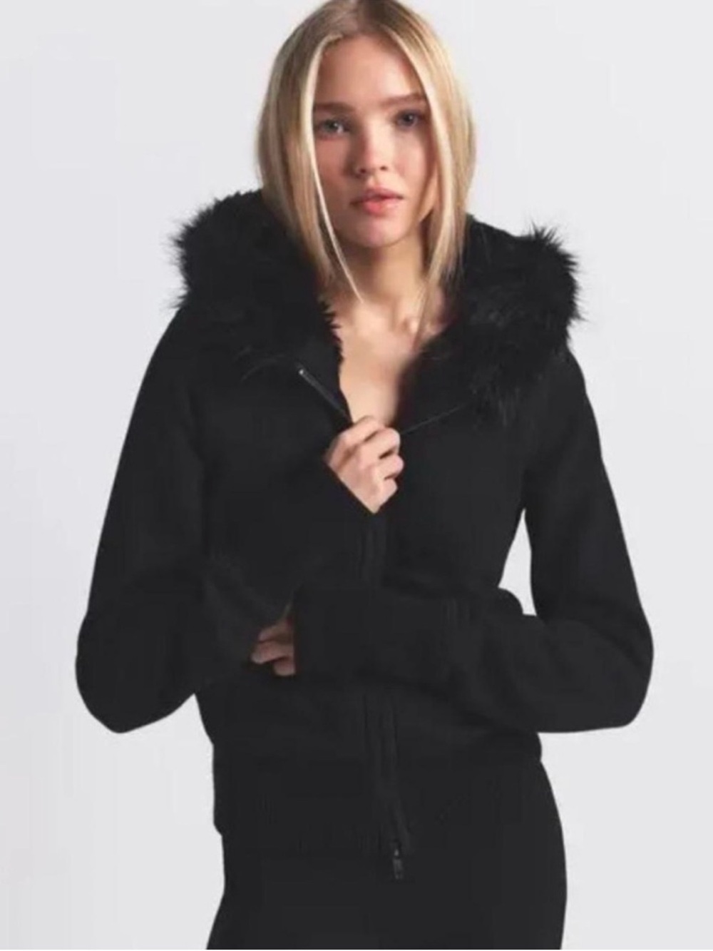 NWT SKIMS Cotton Fleece Fur Lined Zip Up Hoodie Onyx Medium